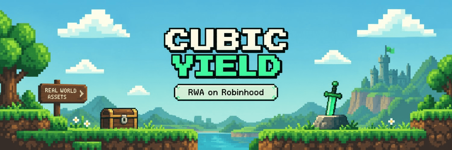 The Cubic Yield world: a pixel-art landscape with a treasure chest, a signpost and an emerald sword set in stone